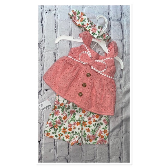 Little Lass Eyelet Tank & Floral Short Set with Headband